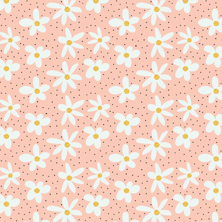 Wild chamomile flowers. Seamless summer pattern with large abstract flowers and dots on a pink background. For printing on fabrics, textiles, pillows, paper, interior design.のイラスト素材