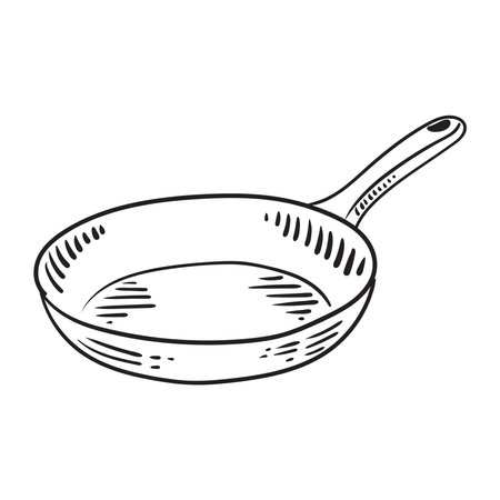 Frying pan for cooking. Food concept. Vintage illustration sketch for restaurant or diner menu. Vector kitchenware drawn with black lines by hand.のイラスト素材