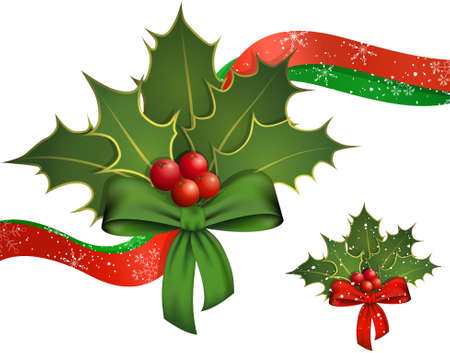 Christmas decoration with holly branches and berries, ribbon.のイラスト素材
