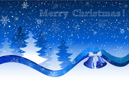 Christmas postcard with bells, holly, ribbons, trees and snow.のイラスト素材