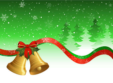 Christmas postcard with bells, holly, ribbons, trees and snow.のイラスト素材