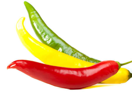 red, yellow and green hot chili peppersの写真素材