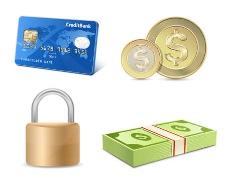 Vector finance icon set. Credit card, coins, banknotes, padlock.のイラスト素材