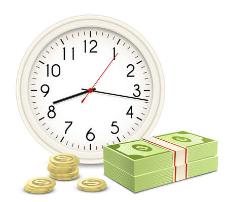 Time is money. Office Clock and Money. Banknotes and coins.のイラスト素材