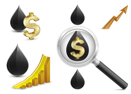Crude oil price. Growth Chart with crude oil and dollar sign on background. Magnifying glassのイラスト素材