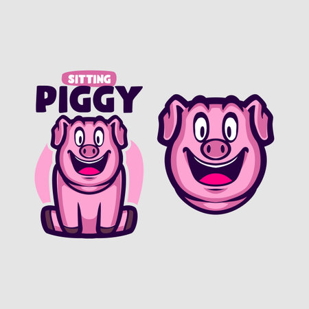cute sitting pig mascot logoのイラスト素材
