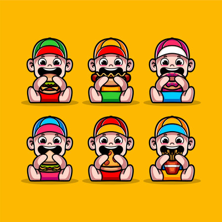 set of cute kids eating fast foodのイラスト素材