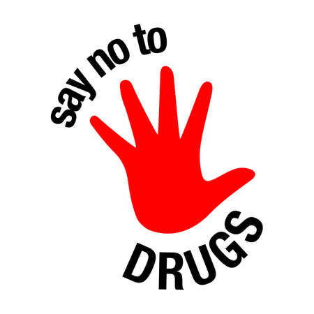 Say no to drugs lettering. No drugs allowed. Drugs icon in prohibition red circle. Just say no isolated vector illustration on white backgroundのイラスト素材