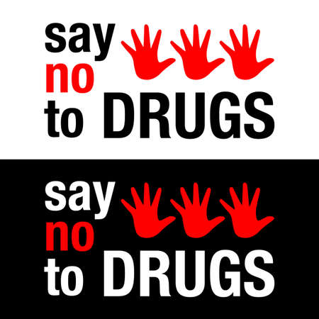 Say no to drugs lettering. No drugs allowed. Drugs icon in prohibition red circle. Just say no isolated vector illustration on white backgroundのイラスト素材