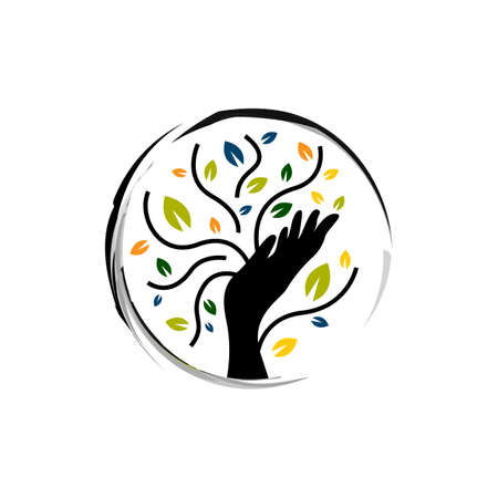 hands and green leaves eco friendly logo design vector icon illustrationsのイラスト素材