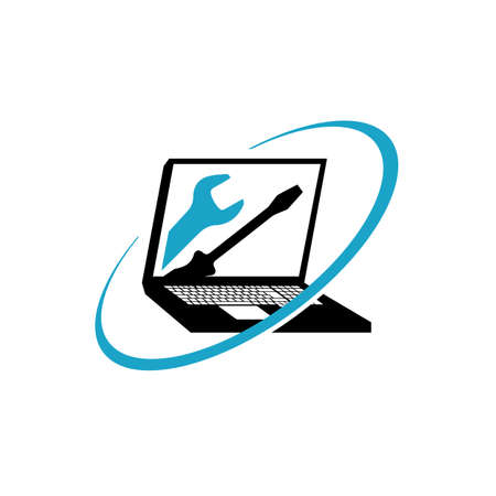 Laptop PC Computers Repair Logo Design Vector Template With Wrench and Screwdriver Illustrationのイラスト素材