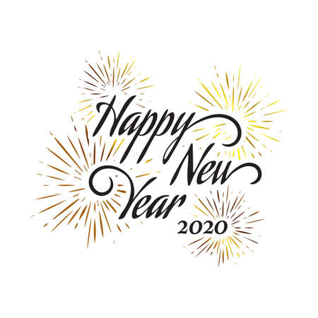 Happy New Year letter hand drawn calligraphy background. 
january 1 holiday background with splashing fireworks for celebrating new year 
moments Vector illustration EPS.8 EPS.10のイラスト素材