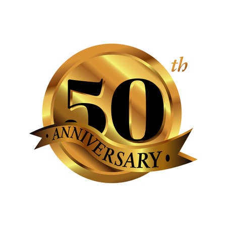 50th anniversary vector logo illustration. 50 years golden anniversary celebration logotype with number and ribbon. fivety years celebration event sign symbol on white background.のイラスト素材