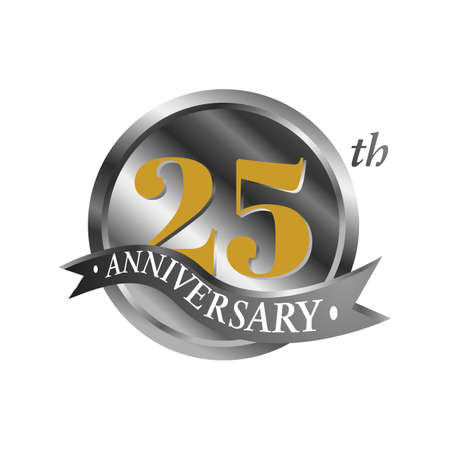 25th anniversary vector logo illustration. 25 years silver anniversary celebration logotype with number and ribbon. twentyfive years celebration event sign symbol on white background.のイラスト素材