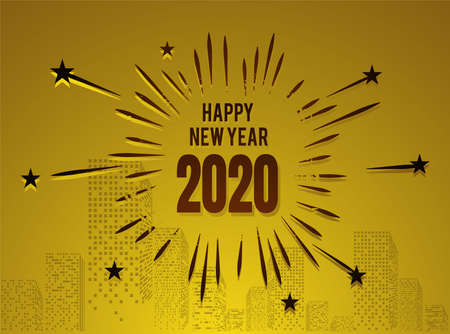 Happy New Year 2020 letter modern style in gold background with building and splashing fireworks for...