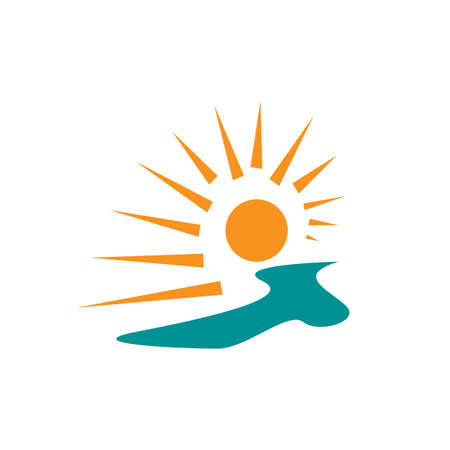 abstract sunset logo design vector of yellow sun and blue sea waves illustrationのイラスト素材