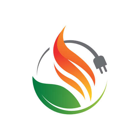 Green energy logo vector icon design template with electric plugs and leavesのイラスト素材