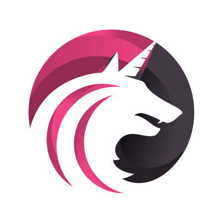 powerful hybrid unicorn wolf head logo design on the circle vector sign concept illustrationのイラスト素材