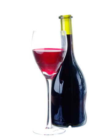 a bottle of wine and a wine-glass isolated on white backgroundの写真素材