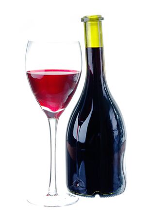 a bottle of wine and a wine-glass isolated on white backgroundの写真素材