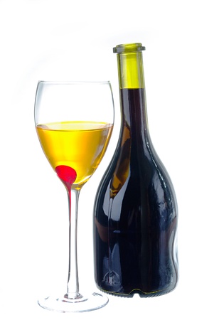 a bottle of wine and a wine-glass isolated on white backgroundの写真素材