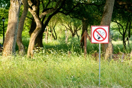 don t smoke warning table in the gardenの写真素材