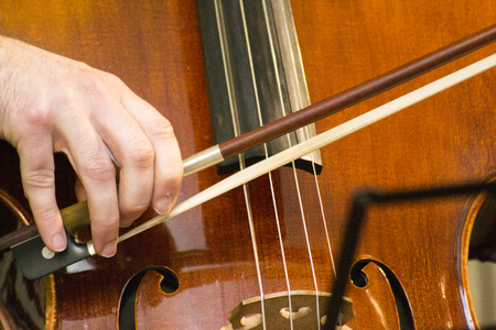 Classical music professional cello solo performance, hands up close, unrecognizable personの写真素材