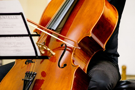 Classical music professional cello solo performance, hands up close, unrecognizable personの写真素材