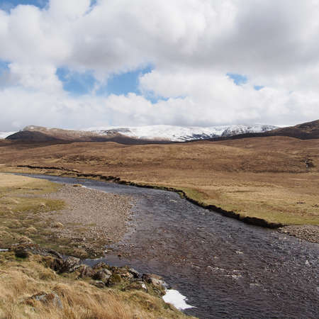 South Monadhliath mountains, river Spey west of Garva bridge, Scotland in springの写真素材
