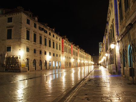 Dubrovnik, august 2013, Croatia, Stradun street at night seen from Luza squareのeditorial素材