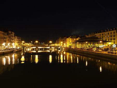 Bayonne, october 2013, Nive riverside at night, Franceのeditorial素材