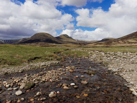 River Calder, Glen Banchor west of Newtonmore, with bothy in the background