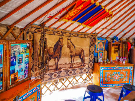 Yurt Interior of nomad family at Gorkhi-Terelj National Park, Mongoliaのeditorial素材