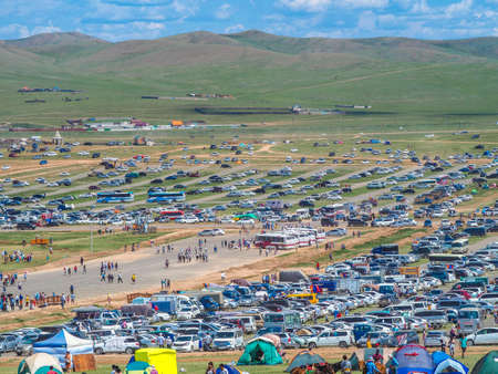 Naadam Festival Horse riding competition. Crowds gather to watch the annual Horse racingのeditorial素材