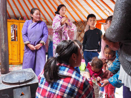 Nomad family in their Ger home in rural Mongoliaのeditorial素材