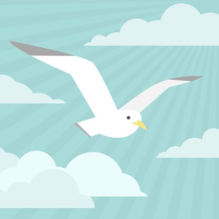 Isolated flat gull with clouds on blue ski background. modern designのイラスト素材