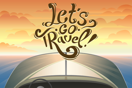 Riding on a boat by first-person on view.  cartoon landscape. sea and sunset. Boat with lettering. let's go travel. Journey by boat. cheer up motivation illustration. boat.のイラスト素材