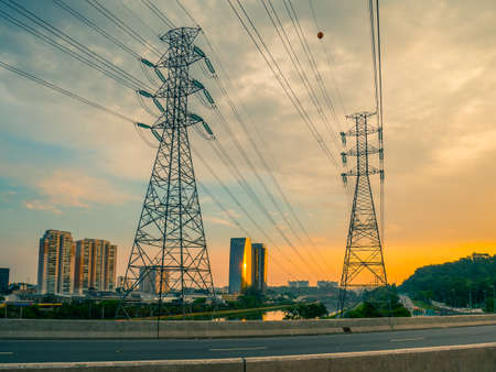 Road and power tower in Morumbi Neighborhood in Sao Pauloの写真素材