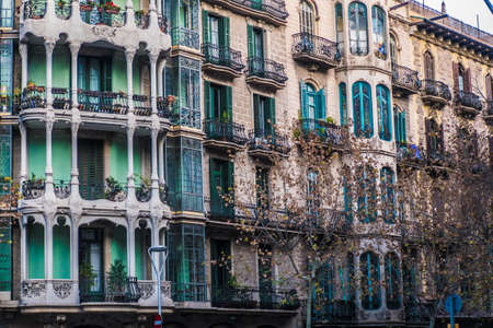 Apartment facades in streets of Barcelona.の写真素材