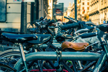 Barcelona, Spain - December 21, 2017: Group of Bicycle standing on the street.の写真素材