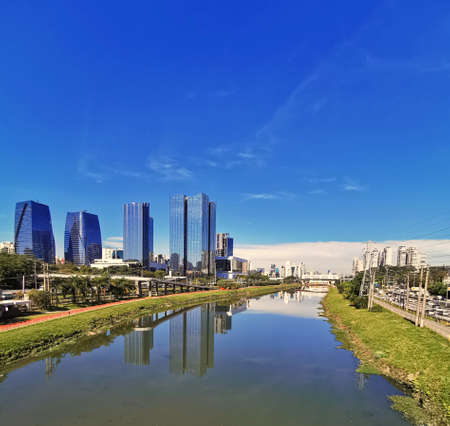 City skyline of Pinheiros River in Sao Paulo.の写真素材