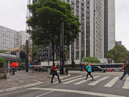 SAO PAULO, BRAZIL - OCTOBER 16, 2020: The new normal on Paulista avenue in Sao Paulo.のeditorial素材