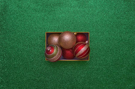 Top View of Christmas Gift Box with Christmas balls inside with copy space.の写真素材