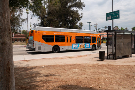 LOS ANGELES, USA - JUNE 28, 2016: View of bus at bus stop on the streets of Los Angeles.のeditorial素材