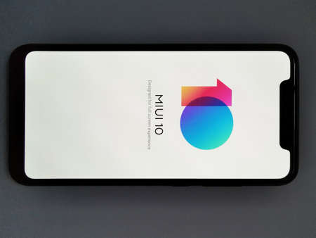 SAO PAULO, BRAZIL - MAY 25, 2019: Top view of Xiaomi Mi 8 phone with Miui 10 interface.のeditorial素材