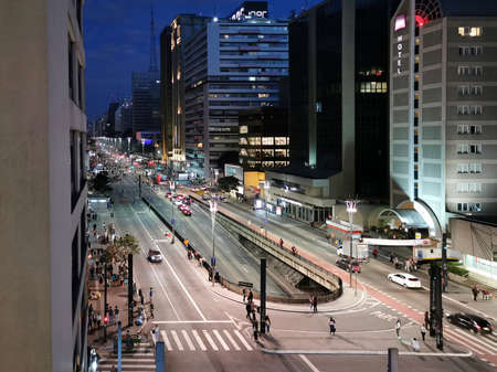 SAO PAULO, BRAZIL - JULY 21, 2019: Aerial view of the most important avenue in Brazil, Avenida Paulista.のeditorial素材