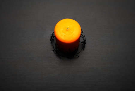 Top view of orange candle with spider around for Halloween party with copy space.の写真素材