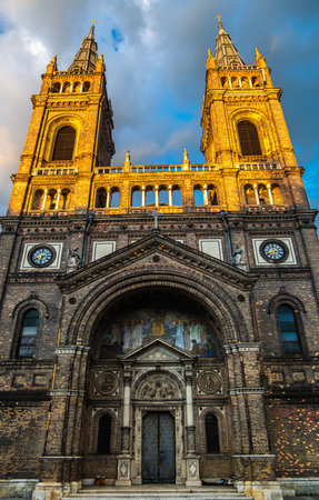 The Breitenfeld Pfarrkirche Church in Vienna, Austria, at sunsetの写真素材