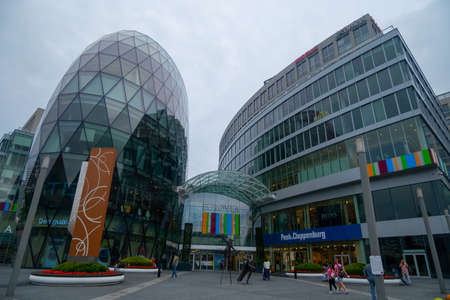 BRATISLAVA, SLOVAKIA - JULY 11, 2021: Galleria Eurovea shopping center in the evening. Shopping center Eurovea is one of the most popular shopping place for local people and tourists.のeditorial素材