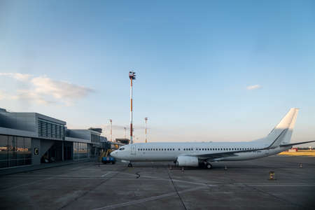 BRATISLAVA, SLOVAKIA - JULY 12, 2021: View of Airplane on the airport of Bratislava.